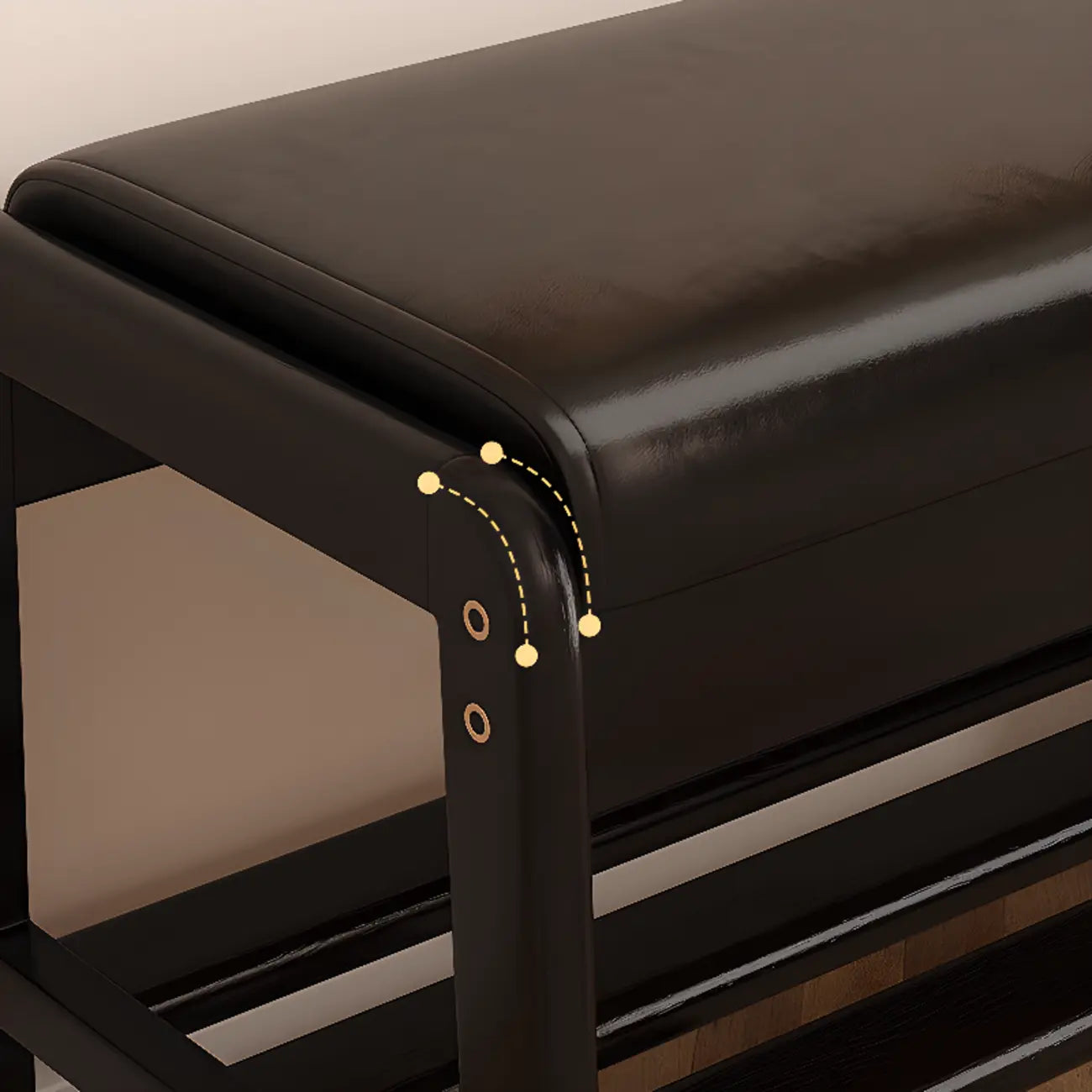 Banc à chaussures moderne noir capitonné avec étagères de rangement