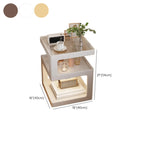 Tavolino quadrato a 3 livelli con piano in vetro e ripiani aperti in legno