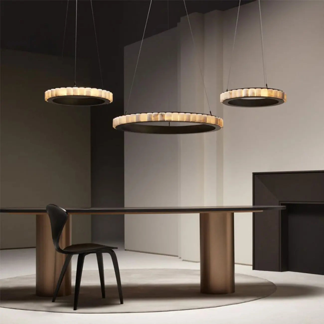 Lustre suspendu circulaire moderne à deux niveaux en acier albâtre