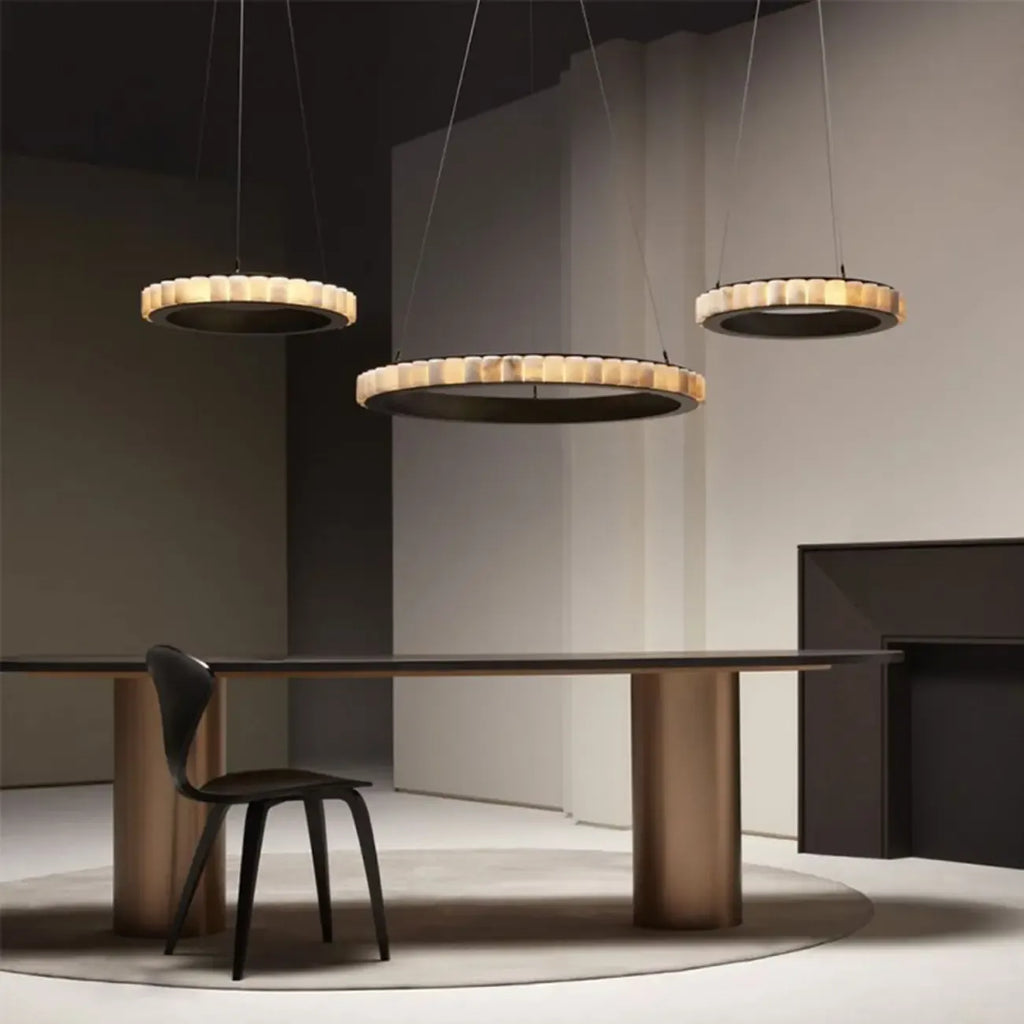 Lustre suspendu circulaire moderne à deux niveaux en acier albâtre