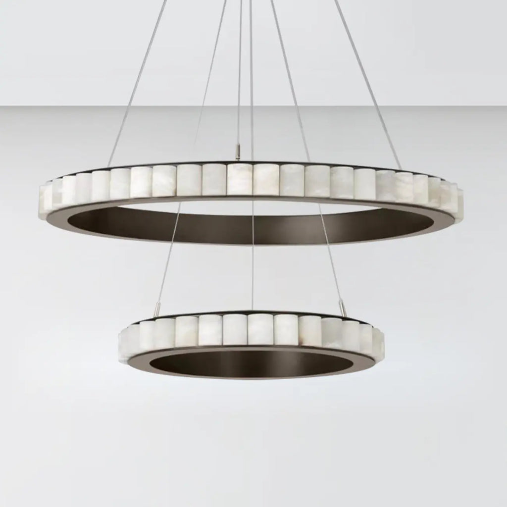 Lustre suspendu circulaire moderne à deux niveaux en acier albâtre