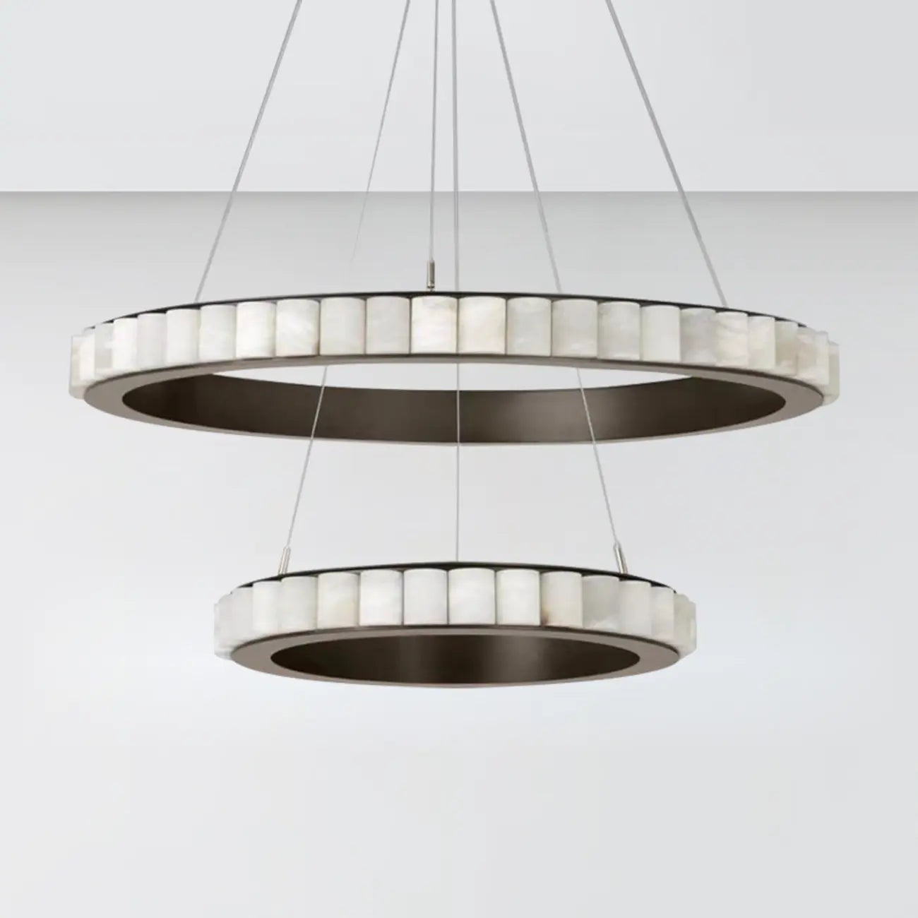 Lustre suspendu circulaire moderne à deux niveaux en acier albâtre