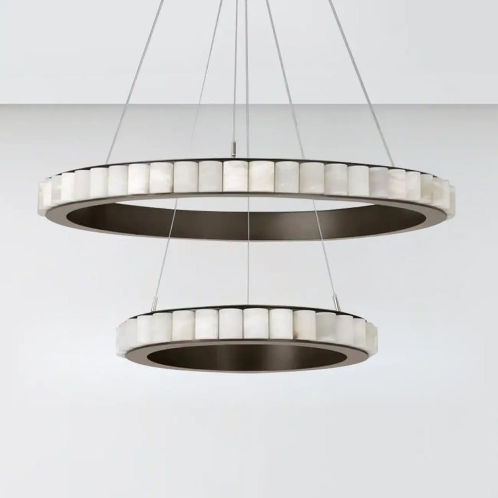 Lustre suspendu circulaire moderne à deux niveaux en acier albâtre
