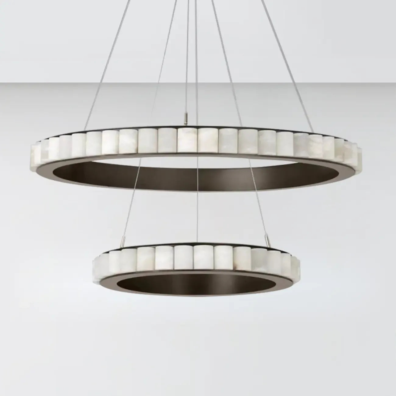 Lustre suspendu circulaire moderne à deux niveaux en acier albâtre