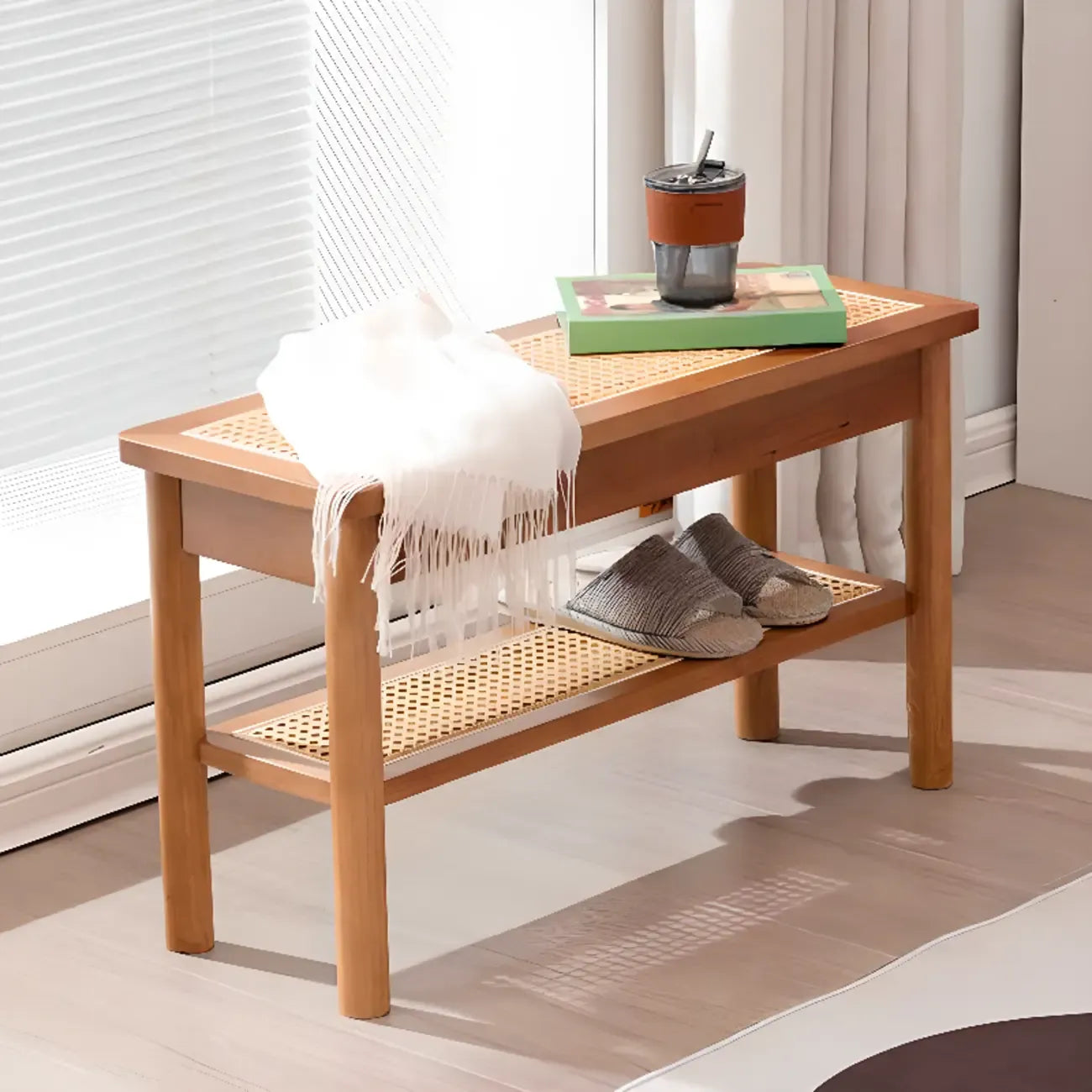 Banc à chaussures minimaliste en bois de cerisier avec rangement