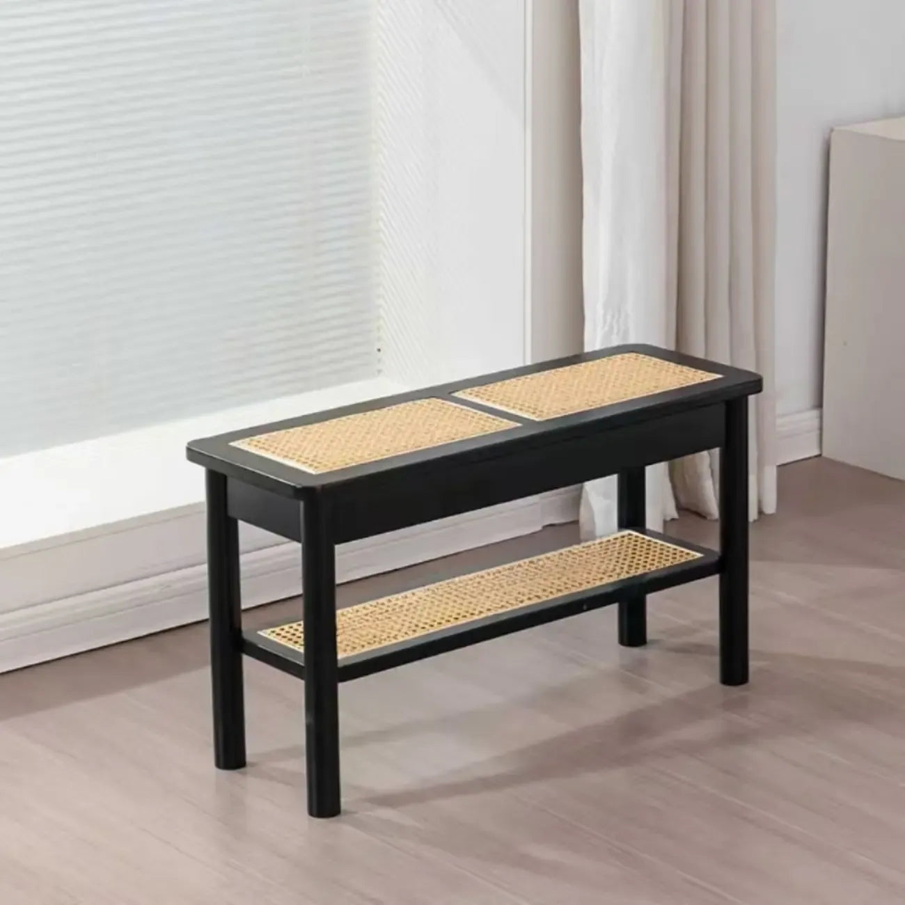 Banc à chaussures minimaliste en bois de cerisier avec rangement