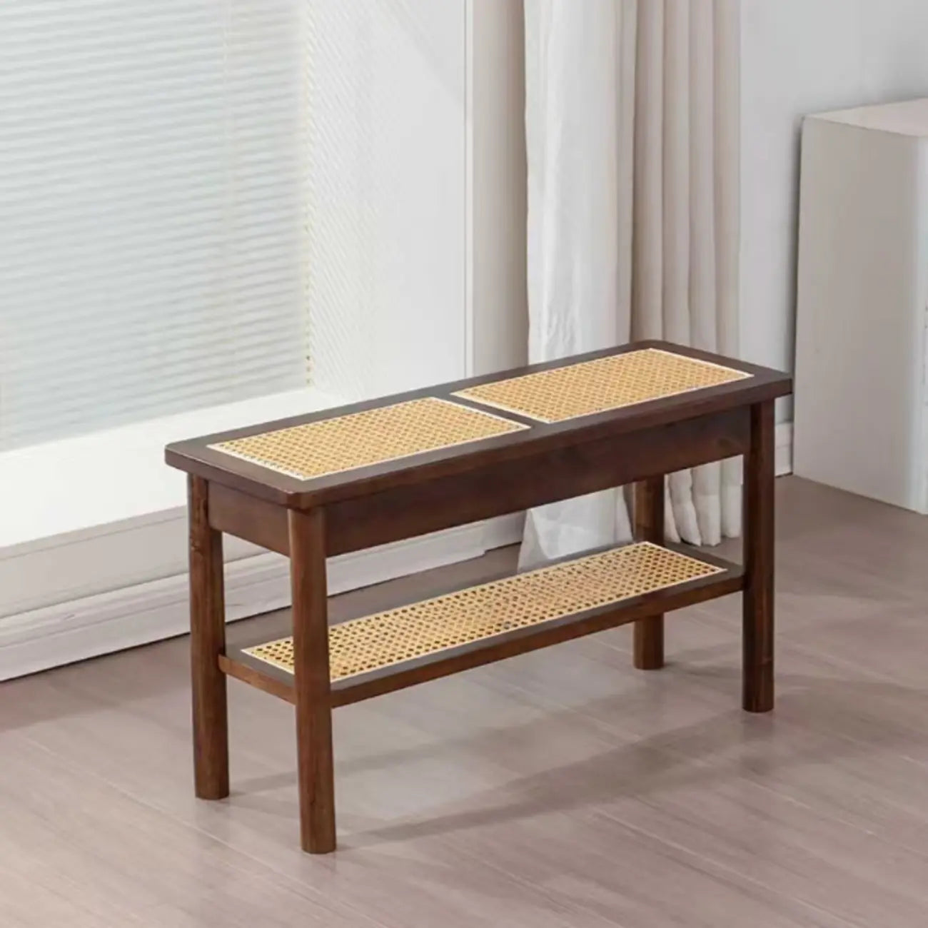 Banc à chaussures minimaliste en bois de cerisier avec rangement