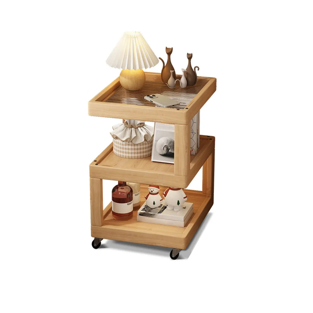 Tavolino laterale in legno di noce a 3 ripiani con ruote
