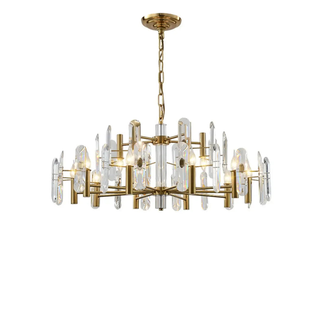 Lustre Sputnik géométrique en métal doré et cristal clair