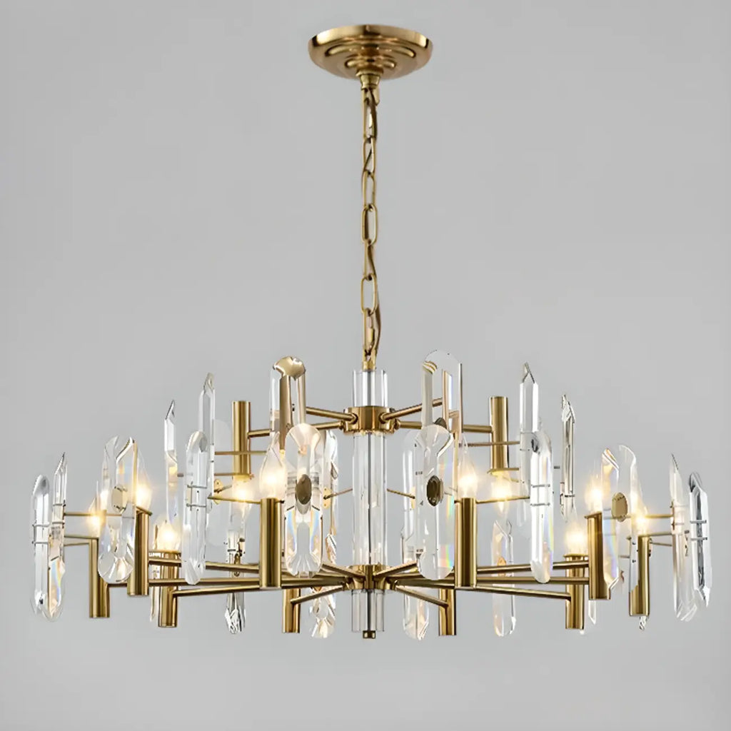 Lustre Sputnik géométrique en métal doré et cristal clair