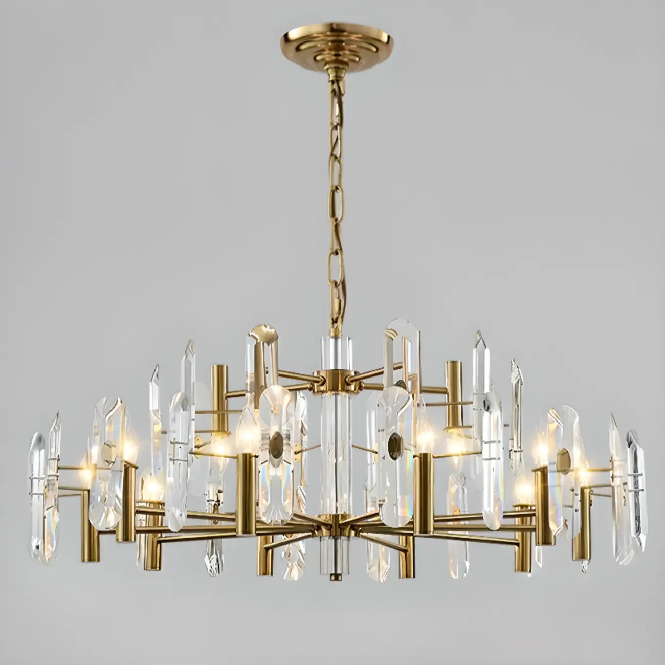 Lustre Sputnik géométrique en métal doré et cristal clair