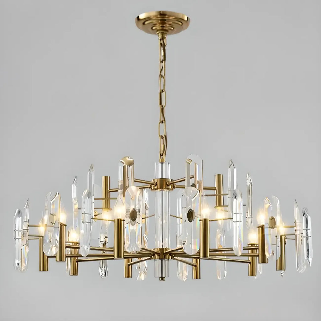 Lustre Sputnik géométrique en métal doré et cristal clair