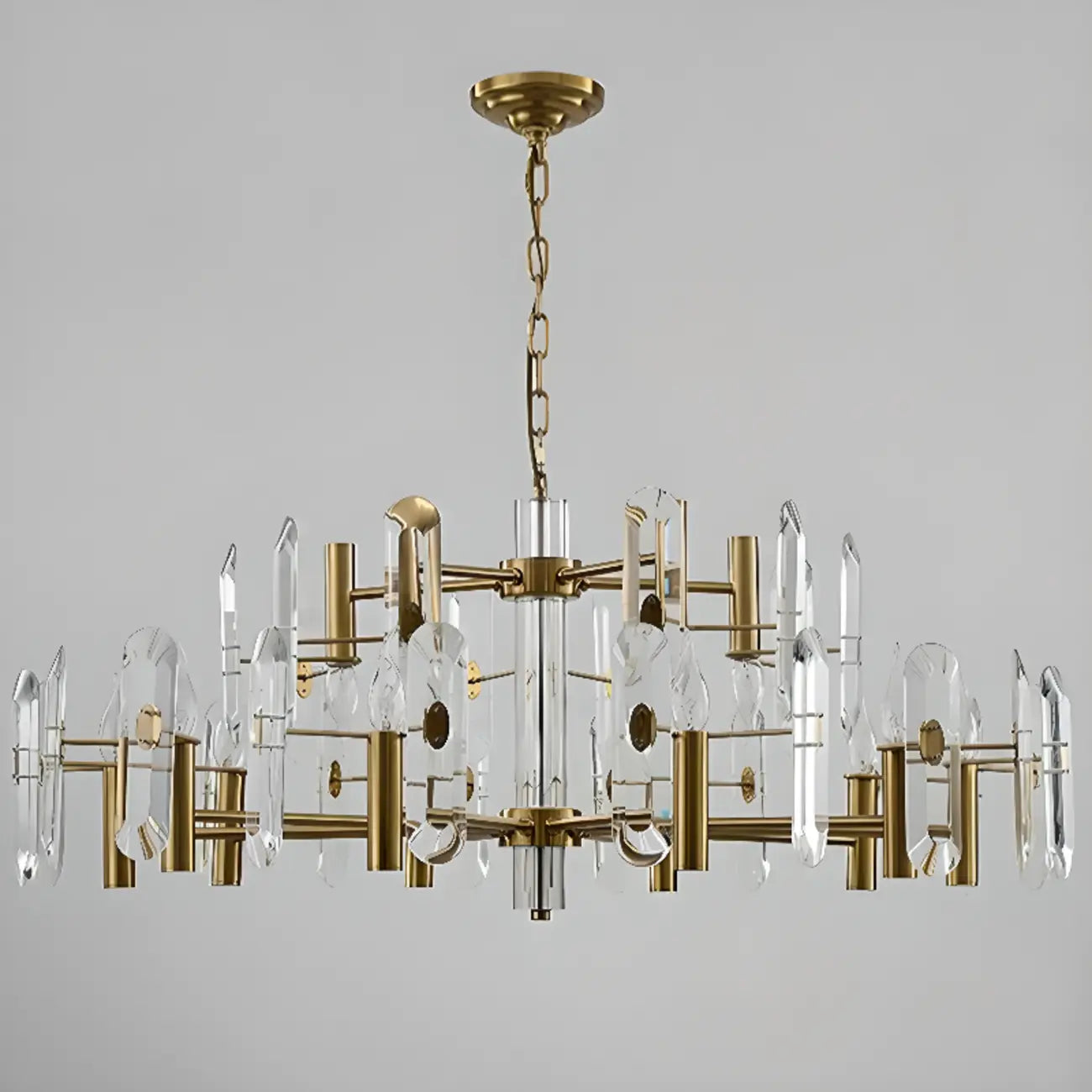 Lustre Sputnik géométrique en métal doré et cristal clair