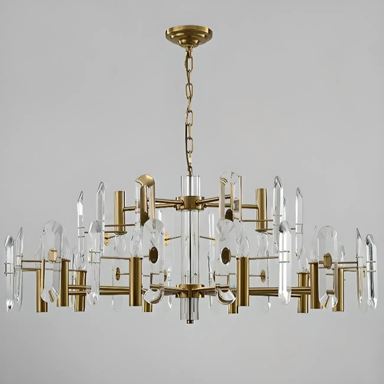 Lustre Sputnik géométrique en métal doré et cristal clair