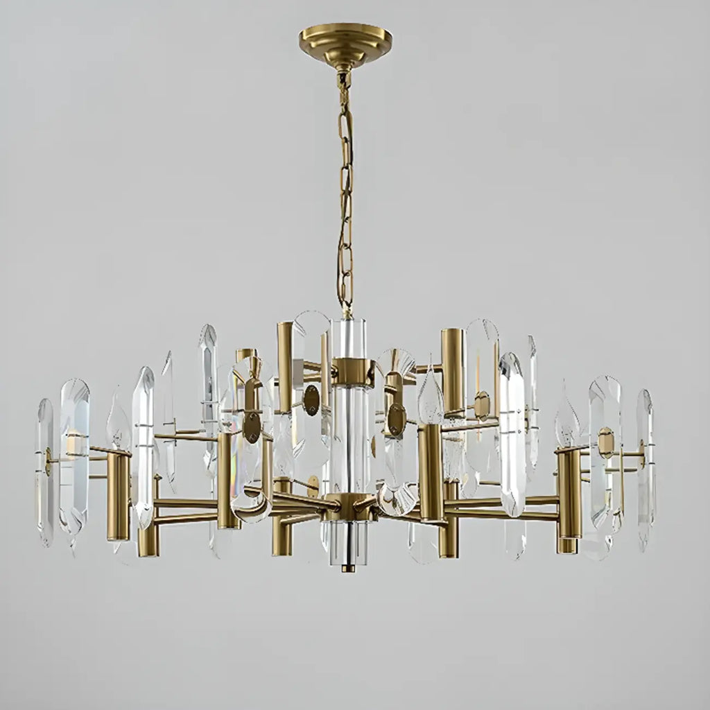 Lustre Sputnik géométrique en métal doré et cristal clair