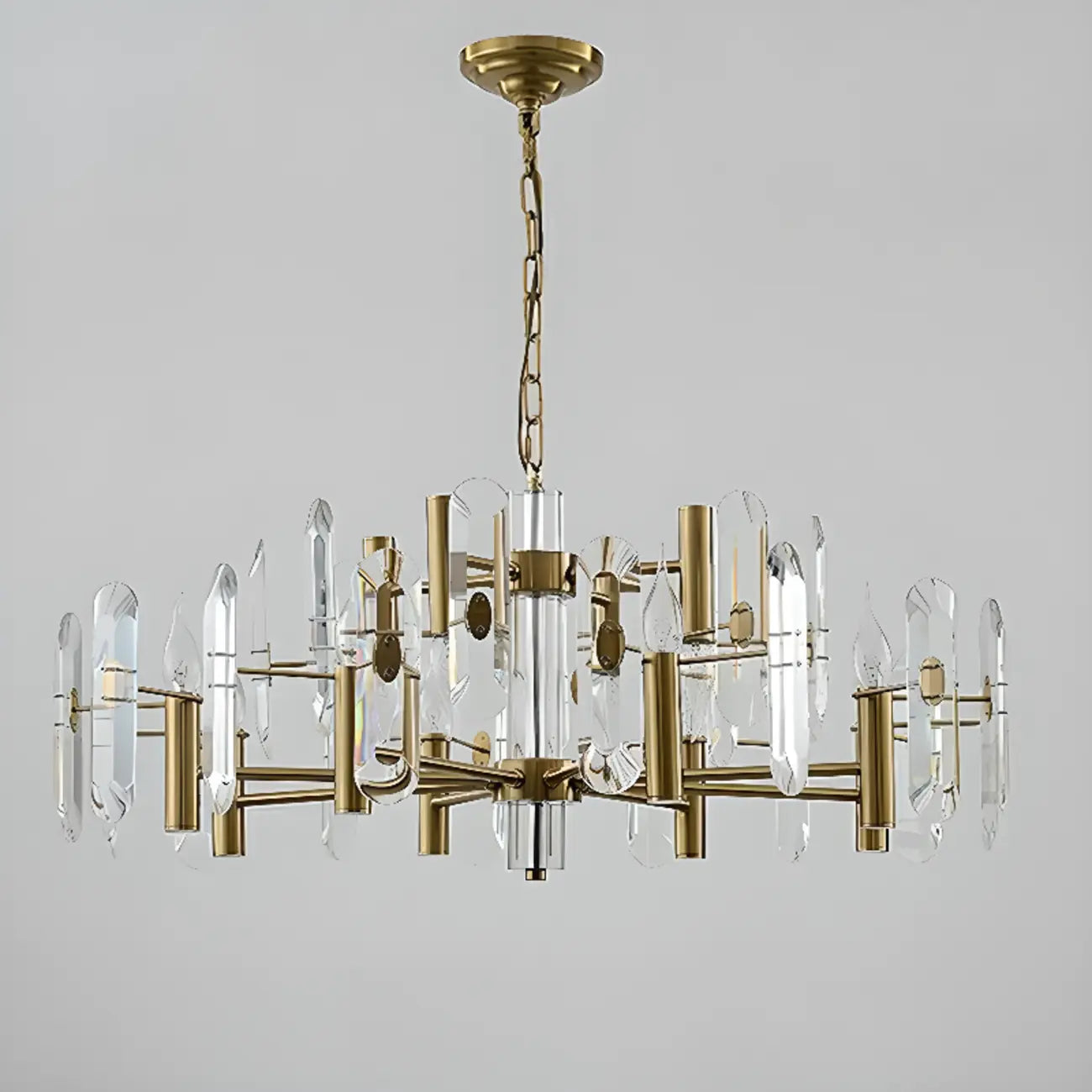 Lustre Sputnik géométrique en métal doré et cristal clair