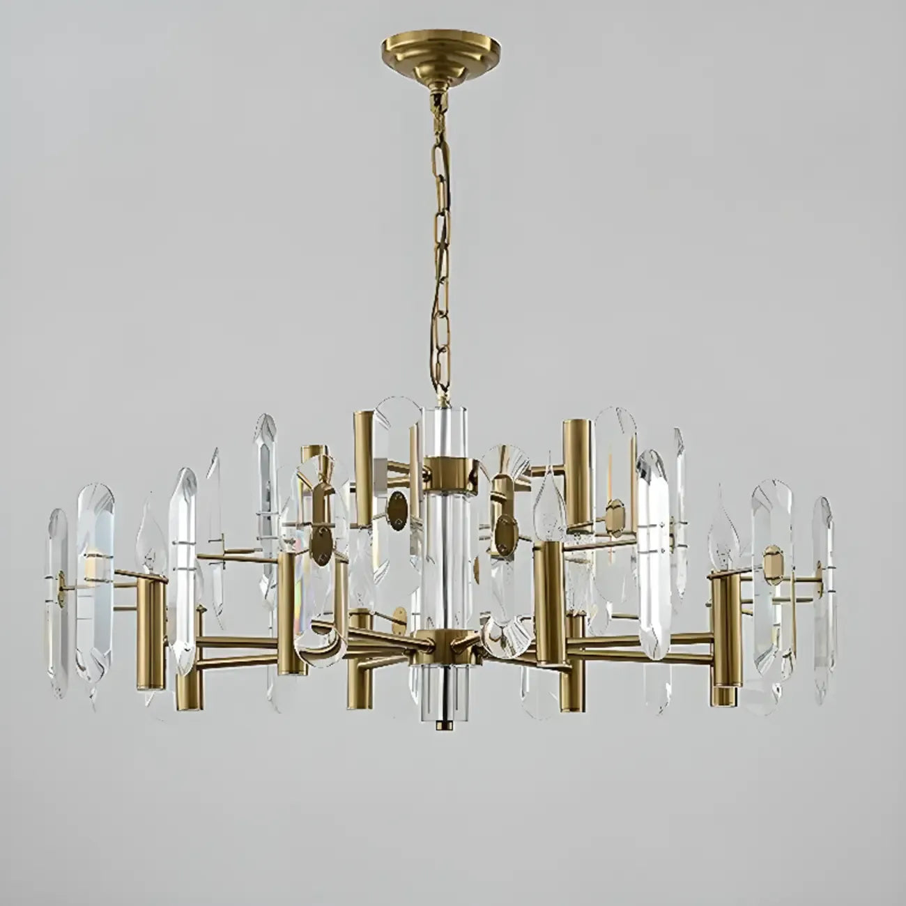 Lustre Sputnik géométrique en métal doré et cristal clair