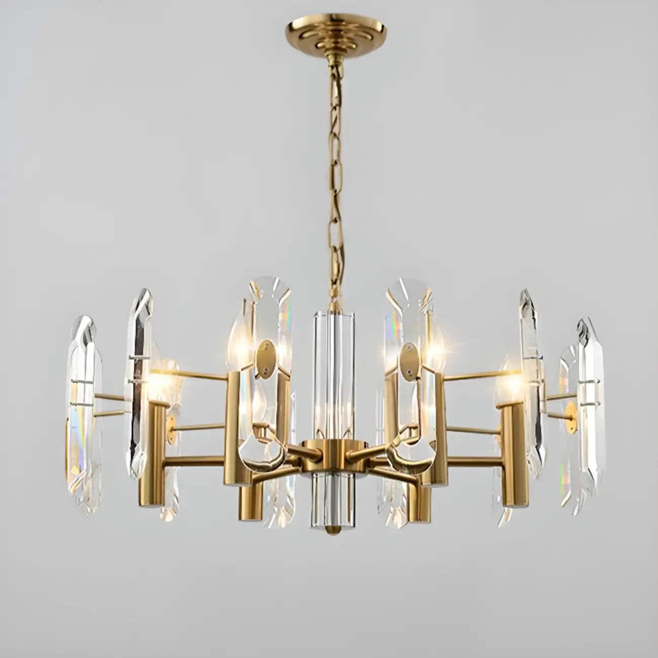 Lustre Sputnik géométrique en métal doré et cristal clair
