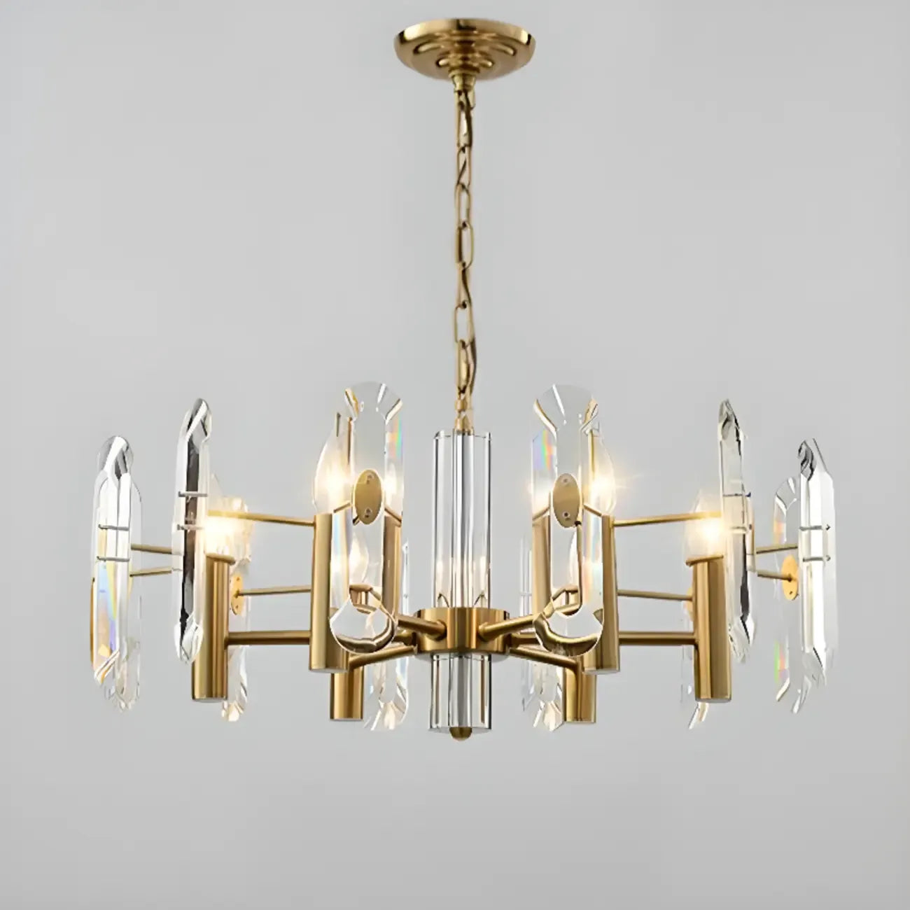Lustre Sputnik géométrique en métal doré et cristal clair