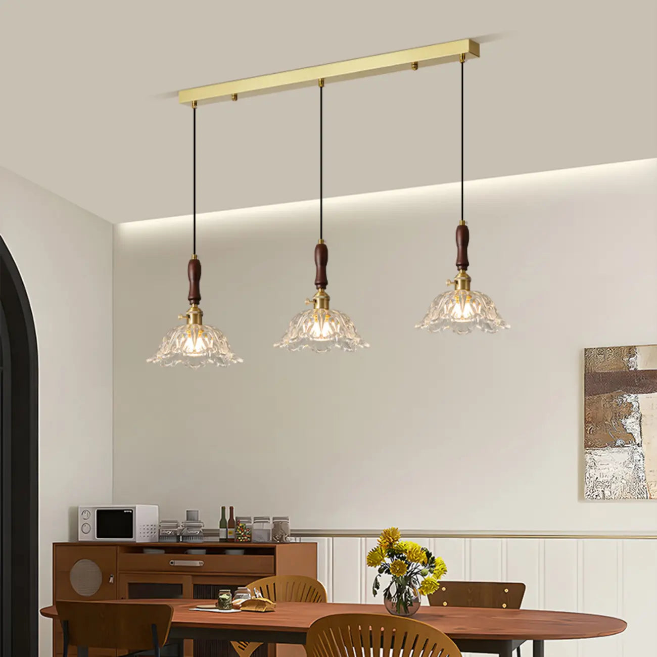 Lampadario a sospensione moderno a 3 luci, in vetro, oro e a fiori, per isola cucina