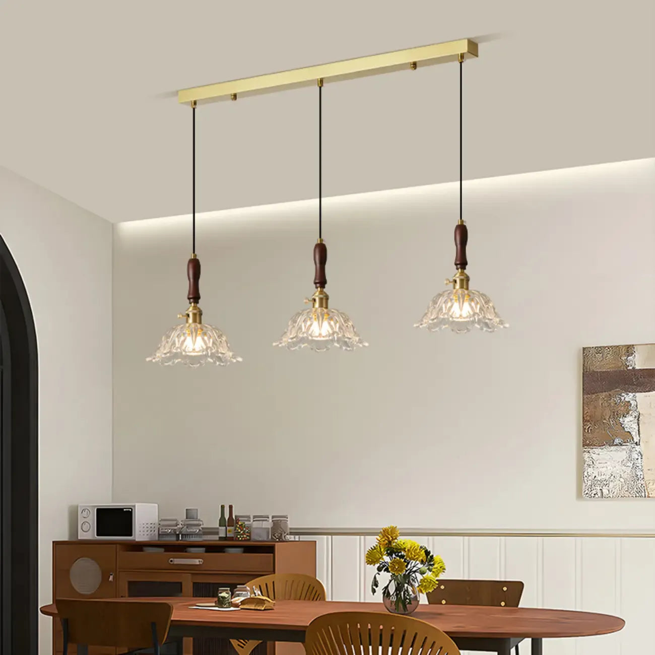Lampadario a sospensione moderno a 3 luci, in vetro, oro e a fiori, per isola cucina