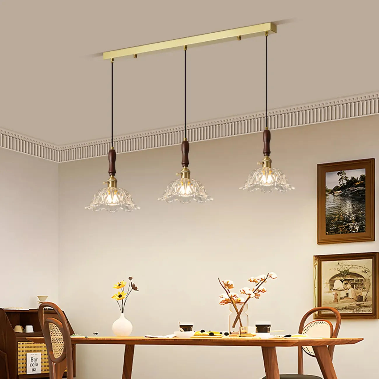 Lampadario a sospensione moderno a 3 luci, in vetro, oro e a fiori, per isola cucina