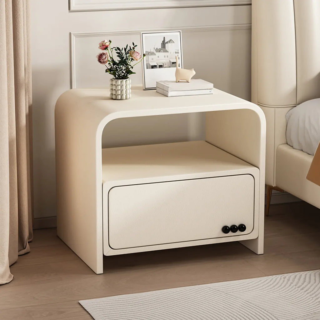 Table de chevet élégante et moderne en bois et similicuir blanc avec tiroir