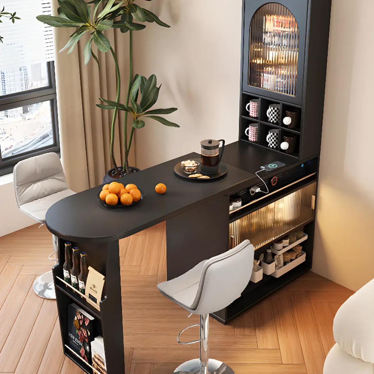 Tables de bar modernes convertibles en bois noir avec rangement gain de place