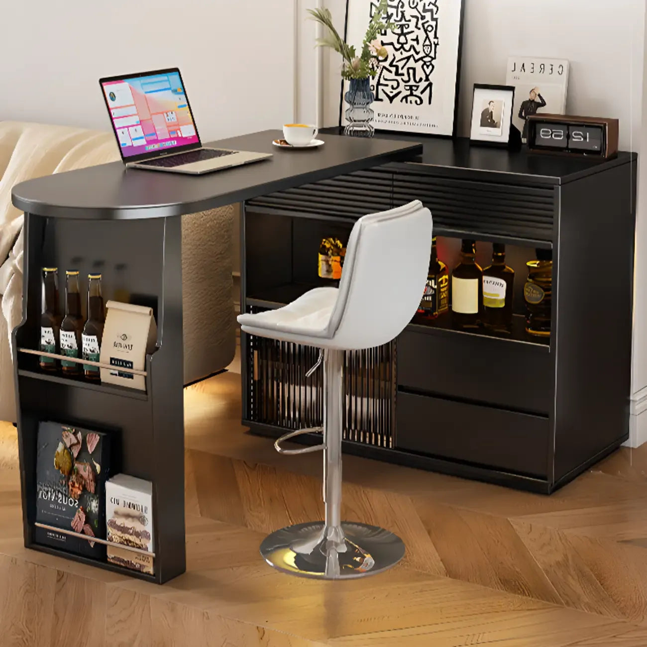 Tables de bar modernes convertibles en bois noir avec rangement gain de place