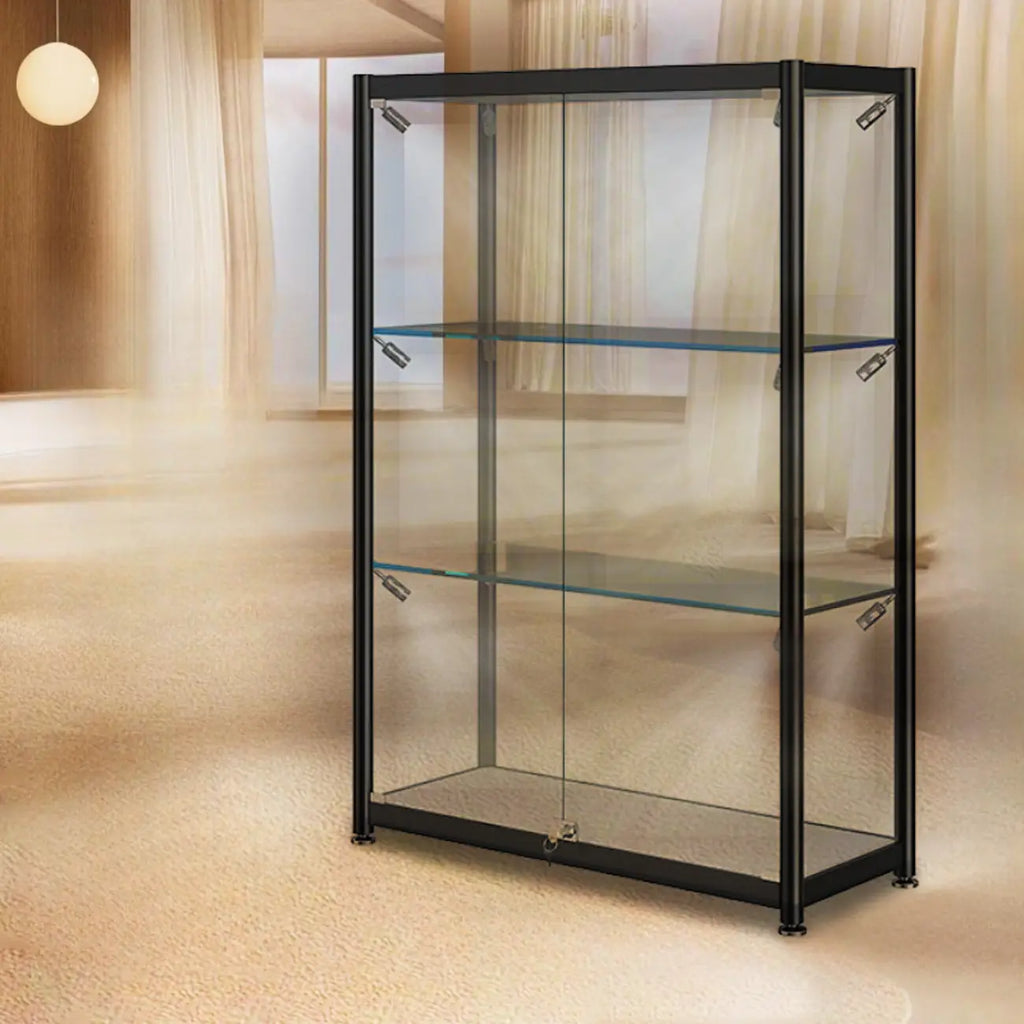 Vitrine moderne en verre noir transparent avec éclairage LED réglable
