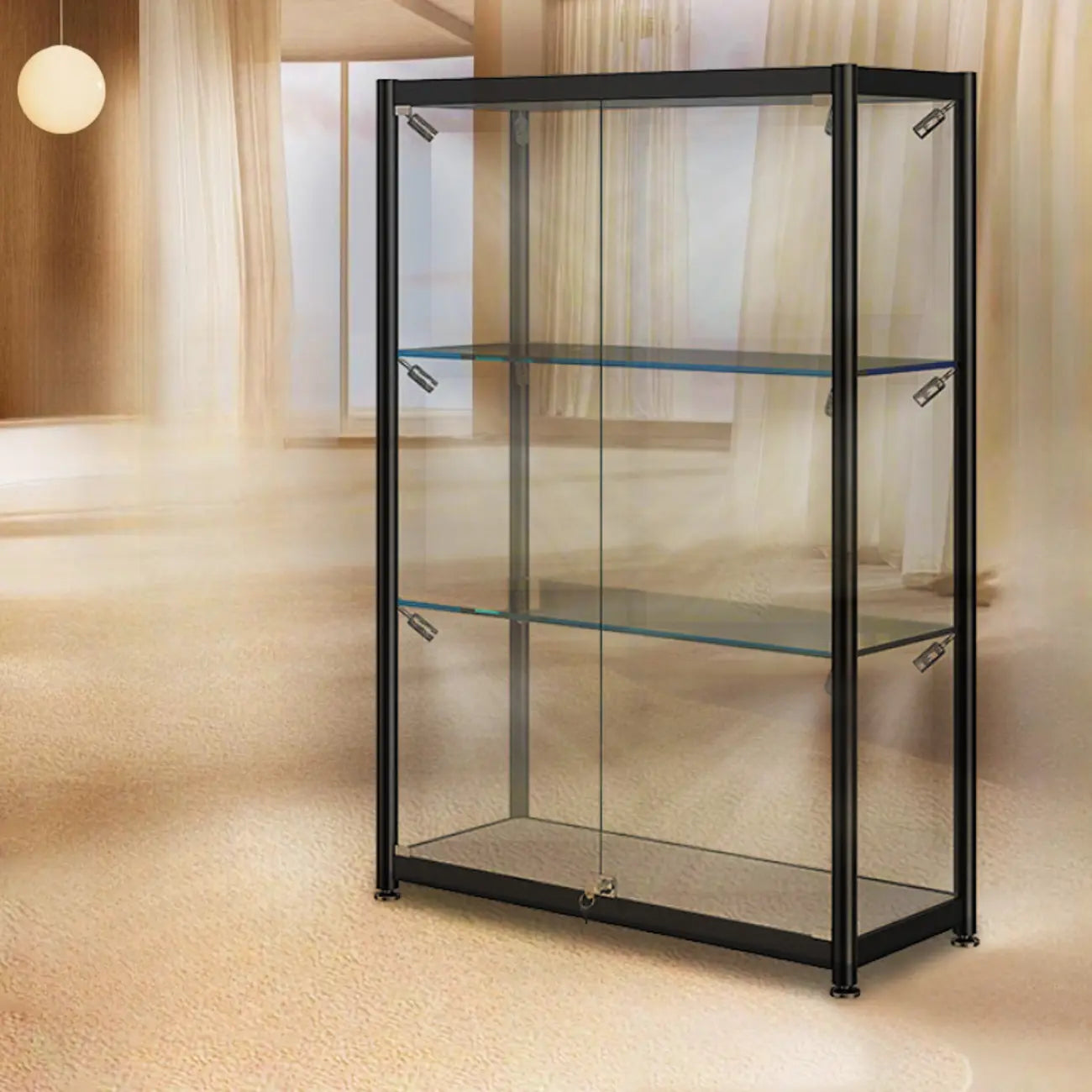Vitrine moderne en verre noir transparent avec éclairage LED réglable