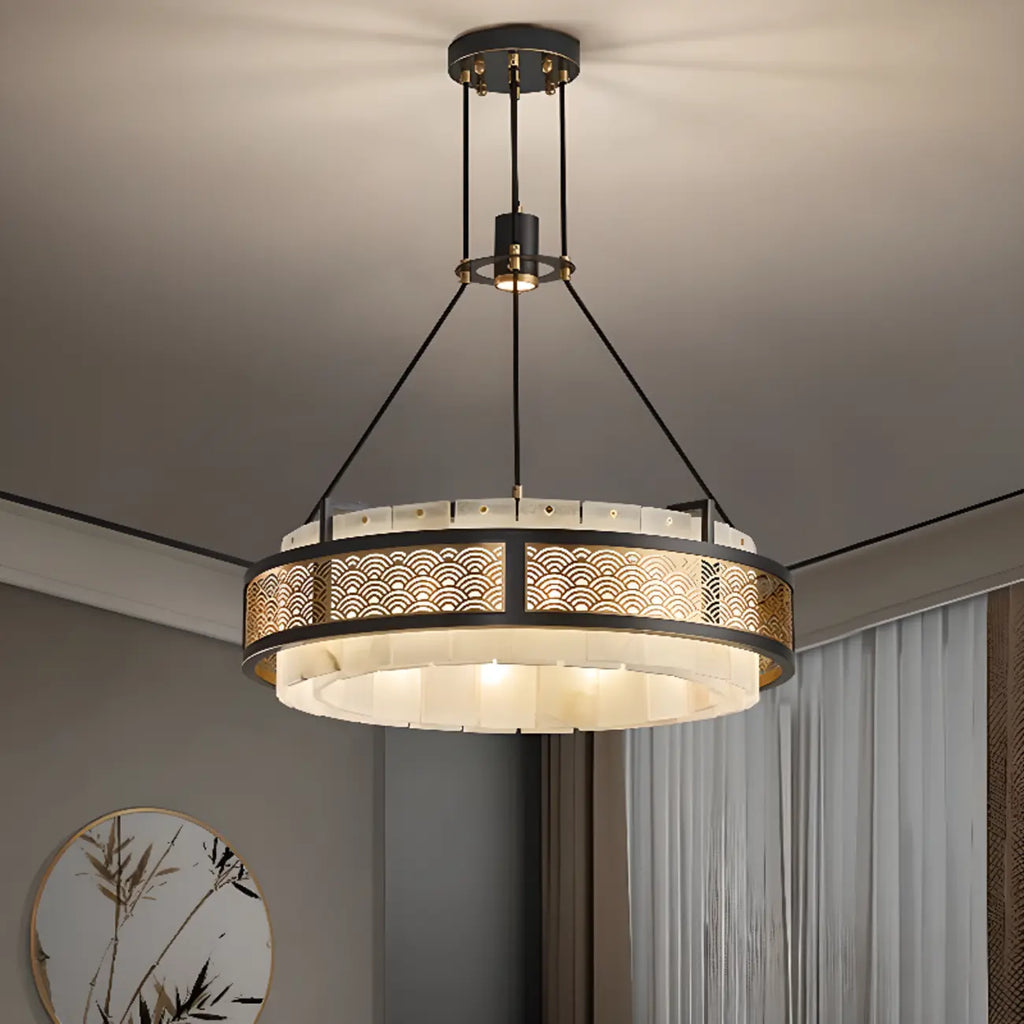 Lustre suspendu moderne en métal noir avec abat-jour en pierre et cercle
