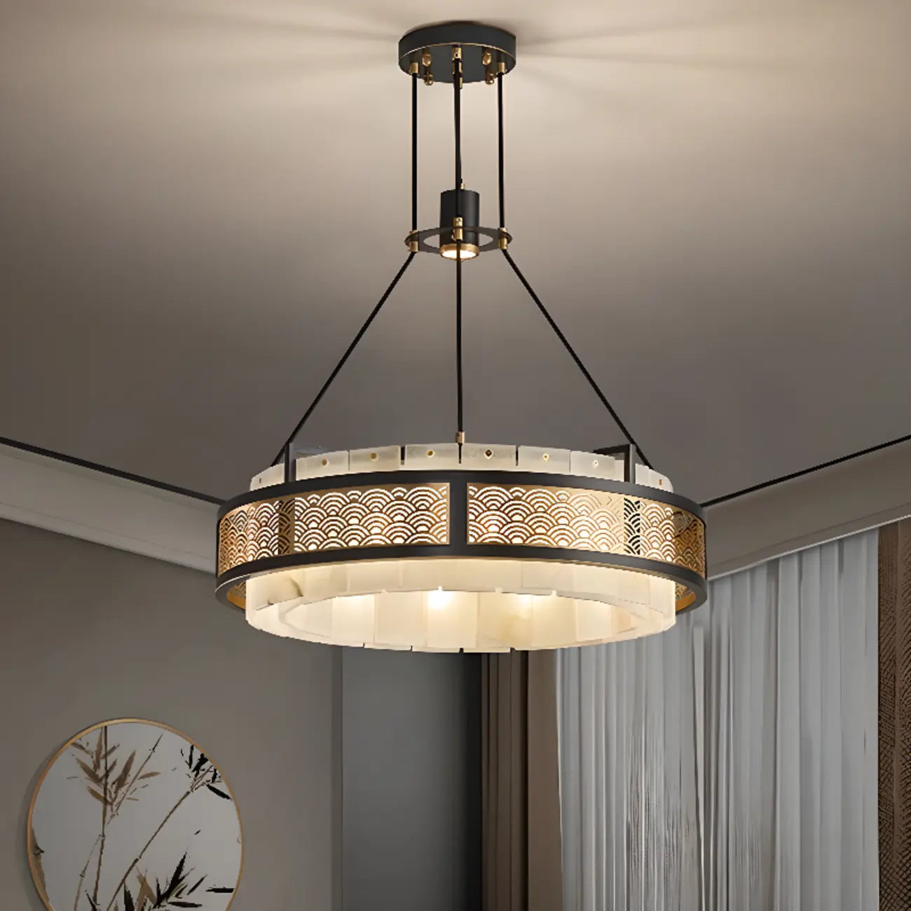 Lustre suspendu moderne en métal noir avec abat-jour en pierre et cercle