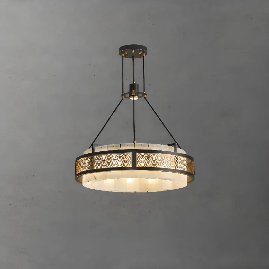 Lustre suspendu moderne en métal noir avec abat-jour en pierre et cercle