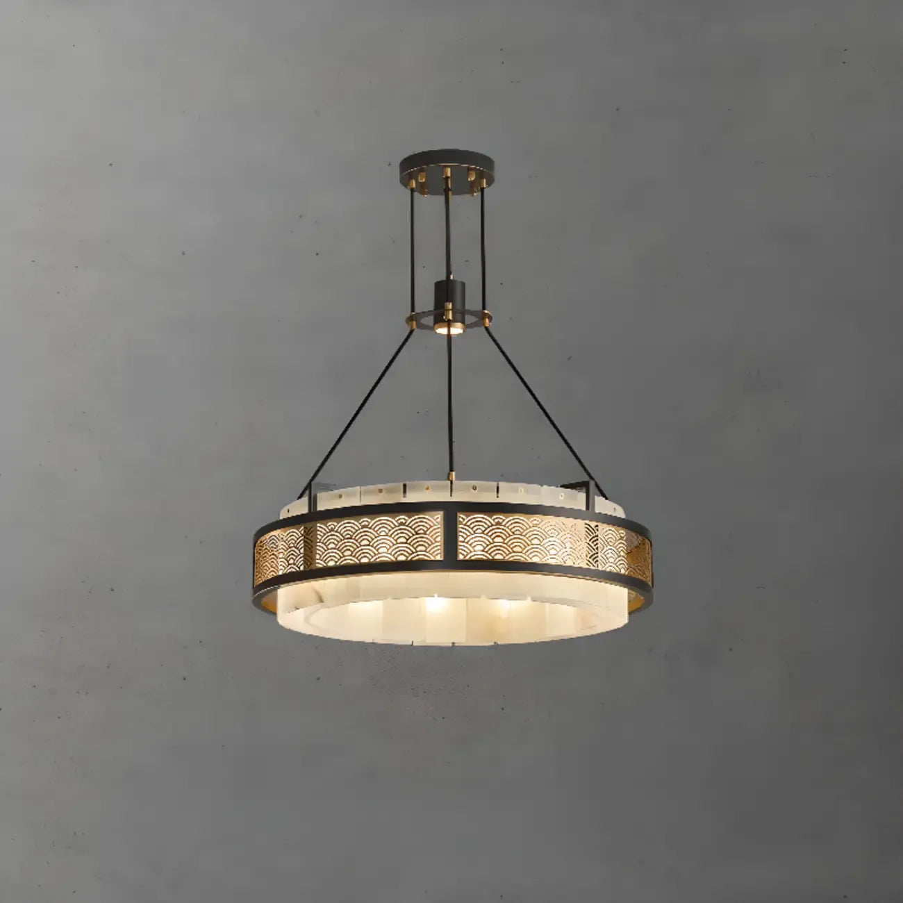 Lustre suspendu moderne en métal noir avec abat-jour en pierre et cercle