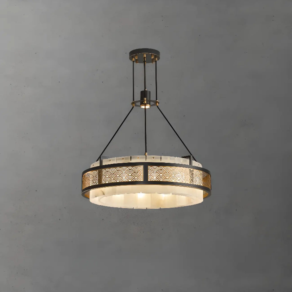 Lustre suspendu moderne en métal noir avec abat-jour en pierre et cercle