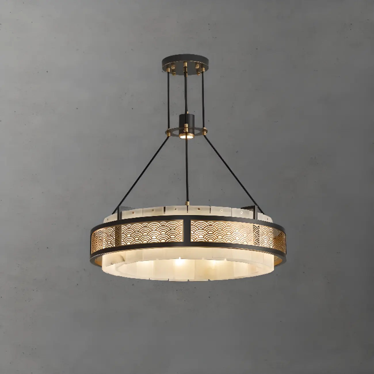 Lustre suspendu moderne en métal noir avec abat-jour en pierre et cercle