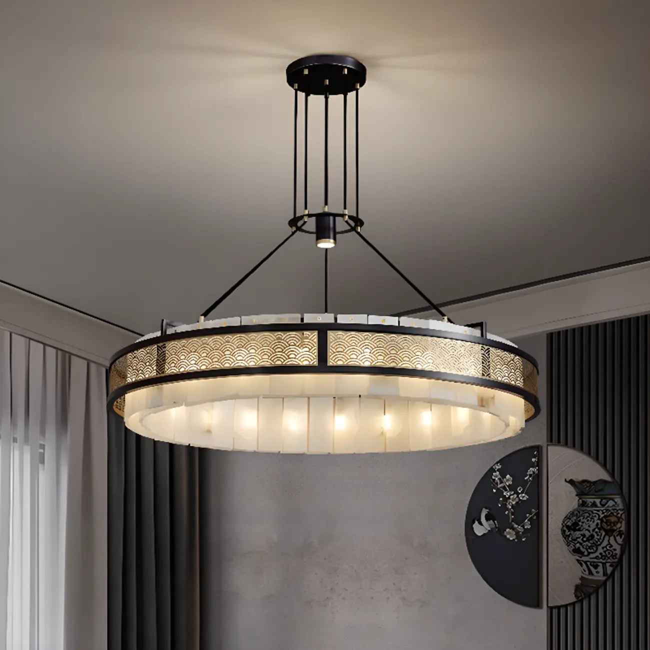 Lustre suspendu moderne en métal noir avec abat-jour en pierre et cercle