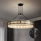 Lustre suspendu moderne en métal noir avec abat-jour en pierre et cercle