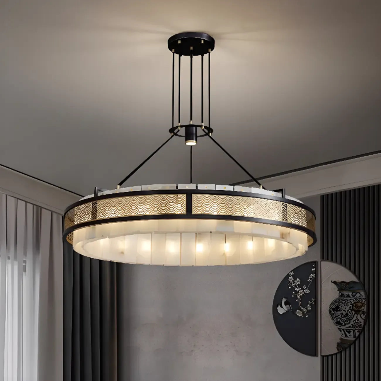 Lustre suspendu moderne en métal noir avec abat-jour en pierre et cercle