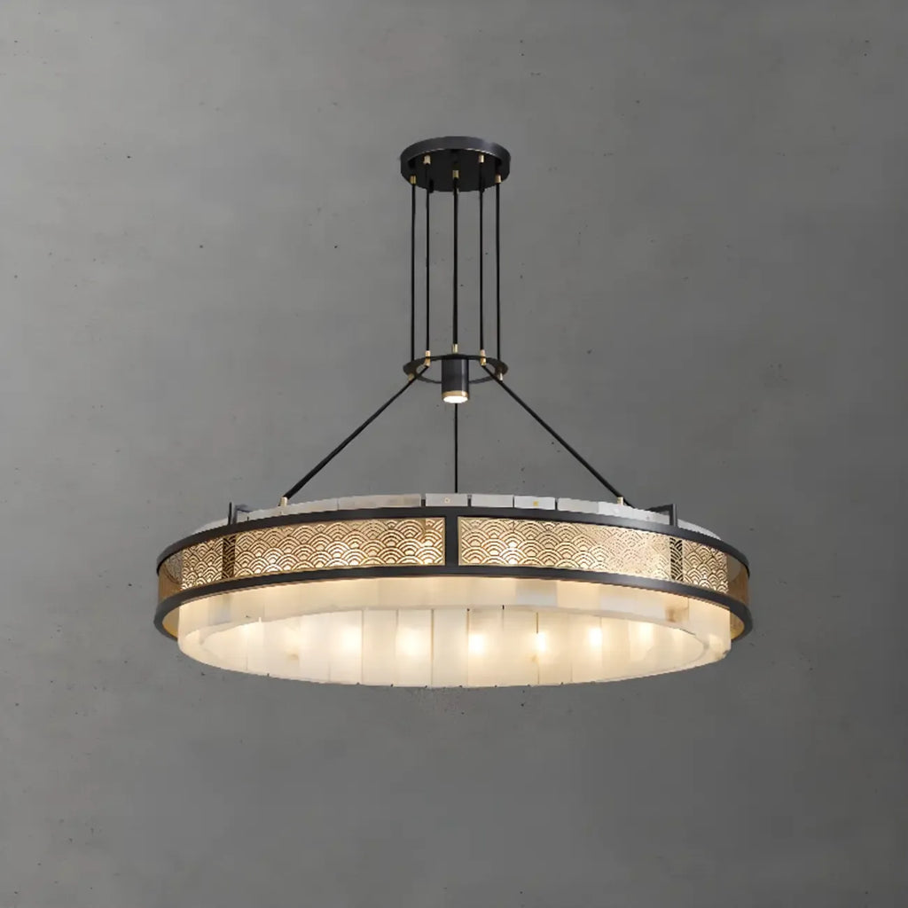 Lustre suspendu moderne en métal noir avec abat-jour en pierre et cercle