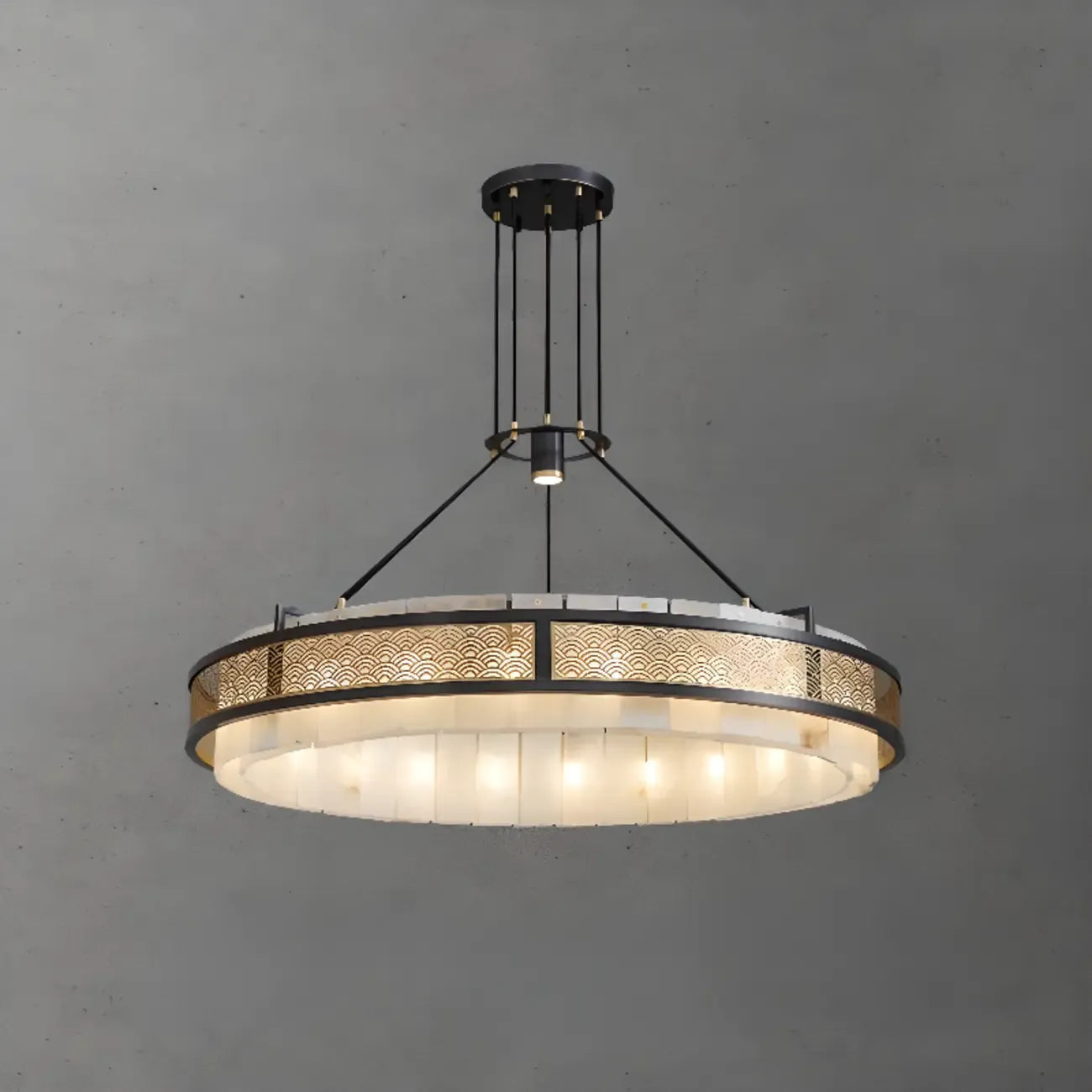 Lustre suspendu moderne en métal noir avec abat-jour en pierre et cercle