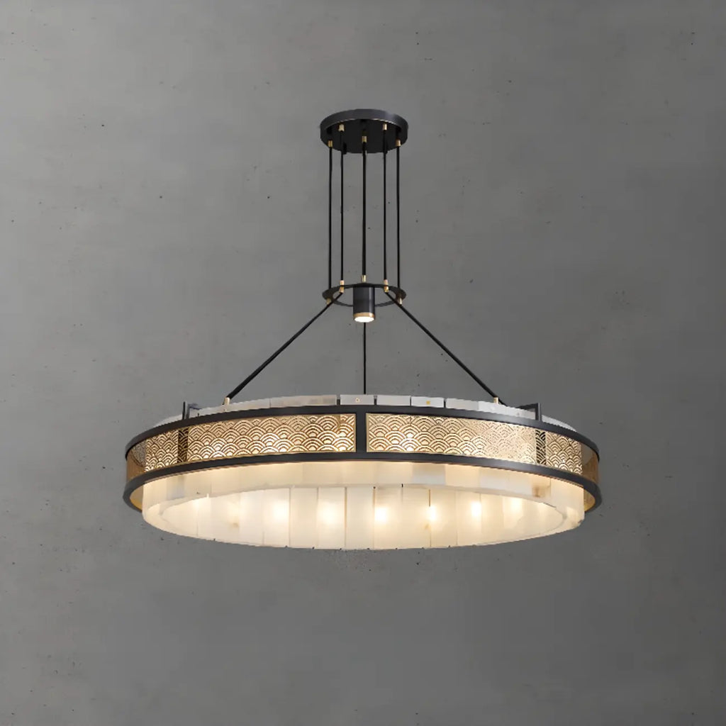 Lustre suspendu moderne en métal noir avec abat-jour en pierre et cercle