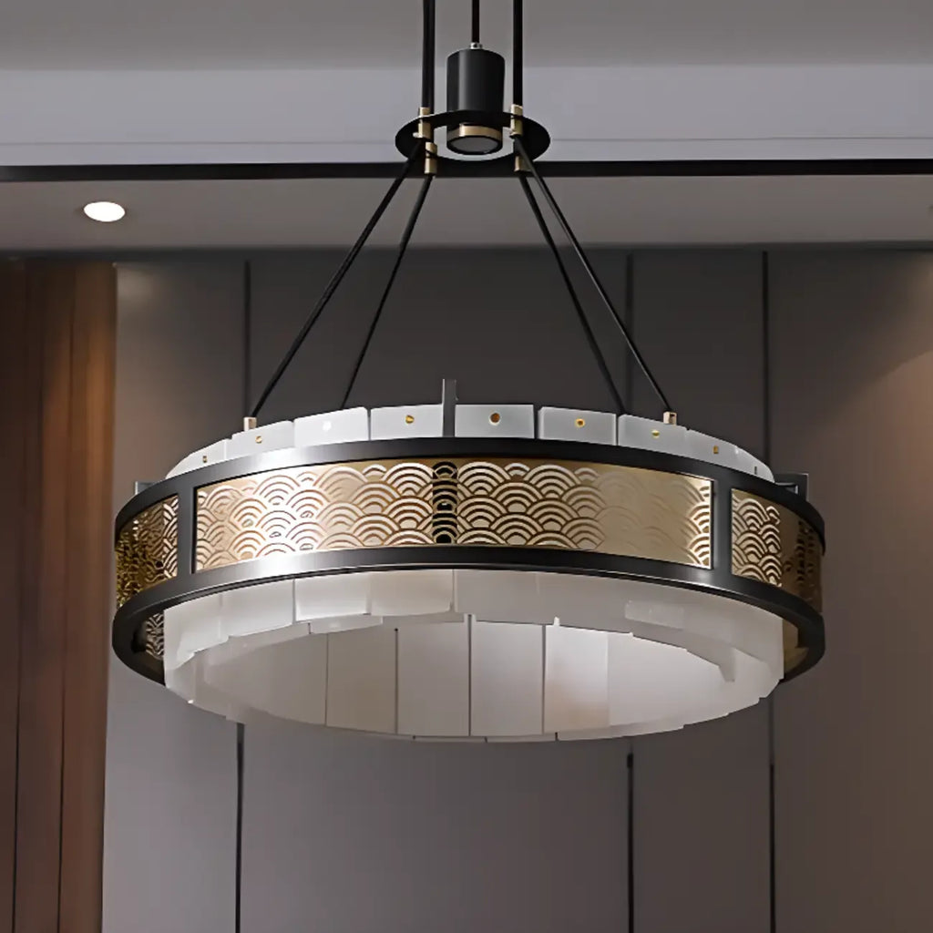 Lustre suspendu moderne en métal noir avec abat-jour en pierre et cercle