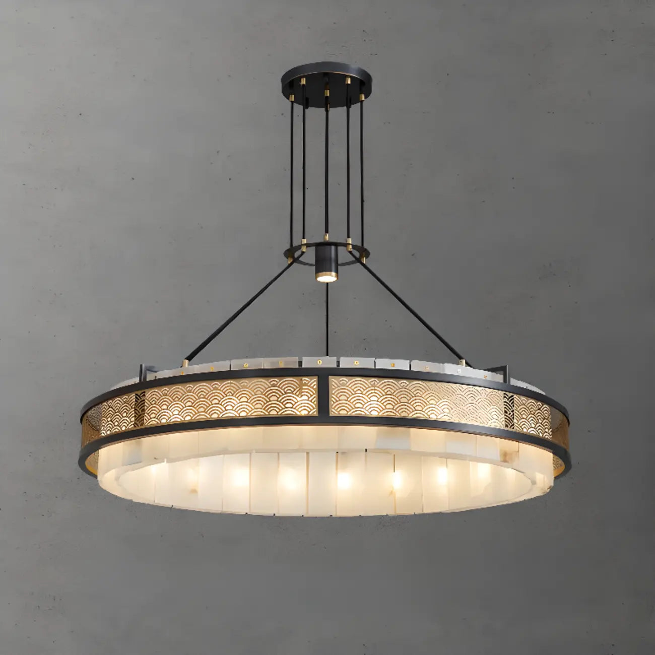 Lustre suspendu moderne en métal noir avec abat-jour en pierre et cercle
