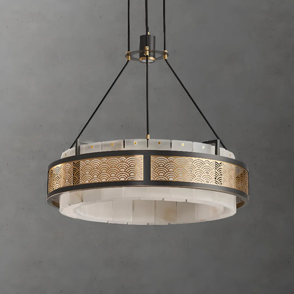 Lustre suspendu moderne en métal noir avec abat-jour en pierre et cercle
