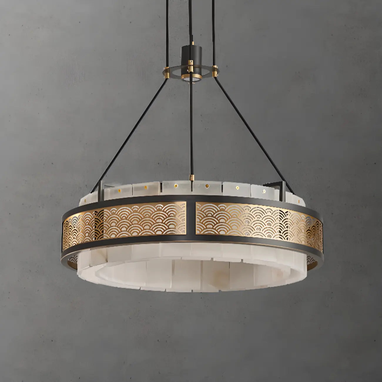 Lustre suspendu moderne en métal noir avec abat-jour en pierre et cercle