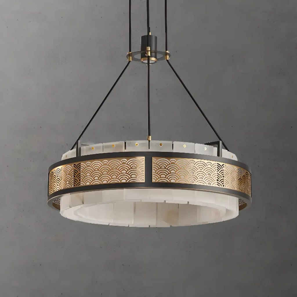 Lustre suspendu moderne en métal noir avec abat-jour en pierre et cercle