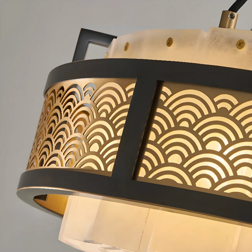 Lustre suspendu moderne en métal noir avec abat-jour en pierre et cercle