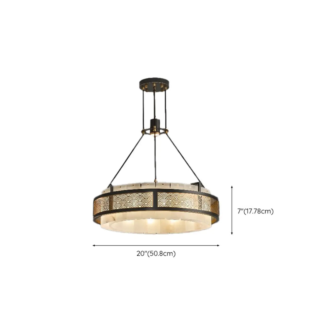 Lustre suspendu moderne en métal noir avec abat-jour en pierre et cercle